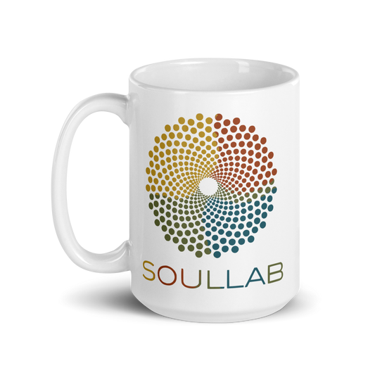 Soullab White Glossy Mug. Soullab Store: Wear, Share, and Experience the Spirit of Soullab.