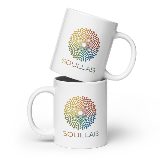 Soullab White Glossy Mug. Soullab Store: Wear, Share, and Experience the Spirit of Soullab.